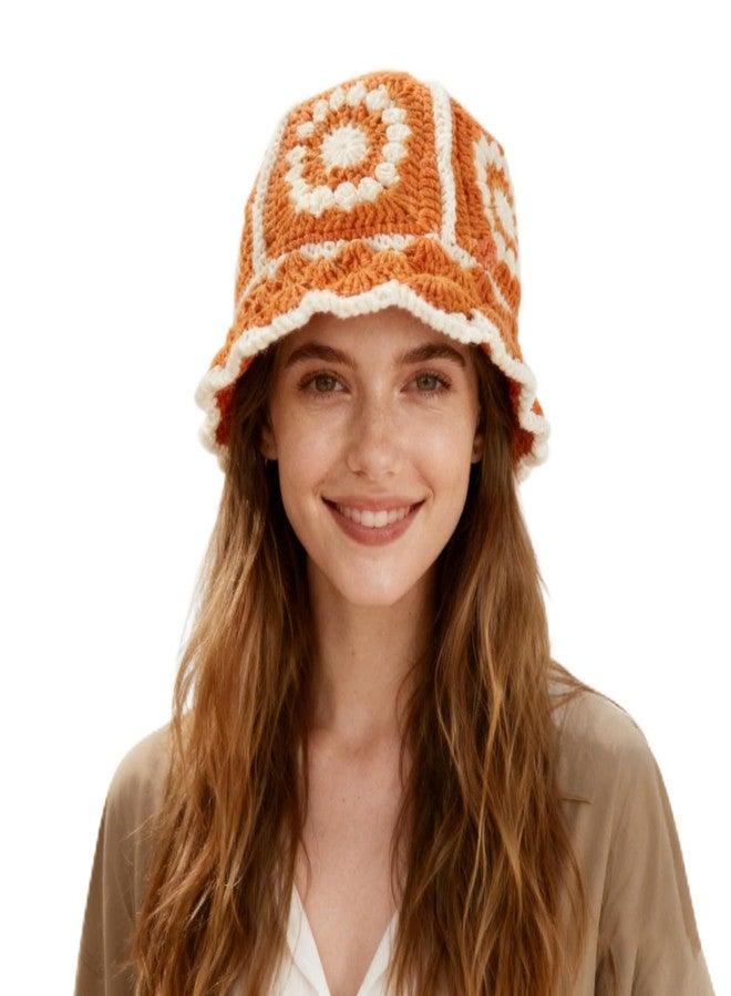 YLZZMDQSZ Crochet Bucket Hat for Women, Handmade Knitted Crochet Hats Breathable Foldable, Bucket Hat with Floral Knitted for Summer Beach, Outdoor, Vacation, Fishing and Fashion (Orange) - Image 1